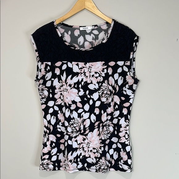 Ricki’s Floral Sleeveless Fitted Top Lace Insert Pink White Black Stretch Size M - Picture 10 of 10
